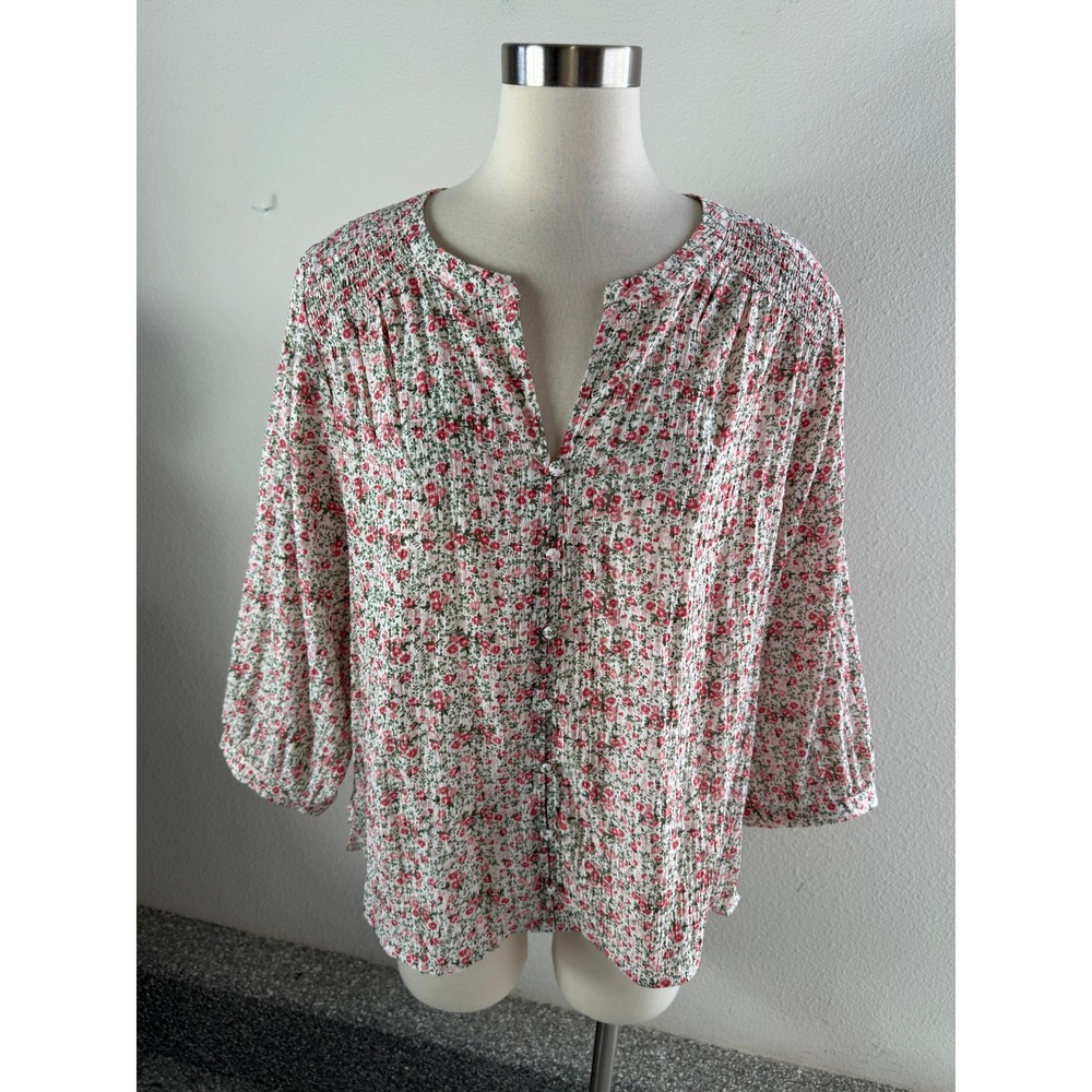 Rose + Olive Women Plus 1X Floral Smocked Blouse Pink Green Flutter Sleeve Top